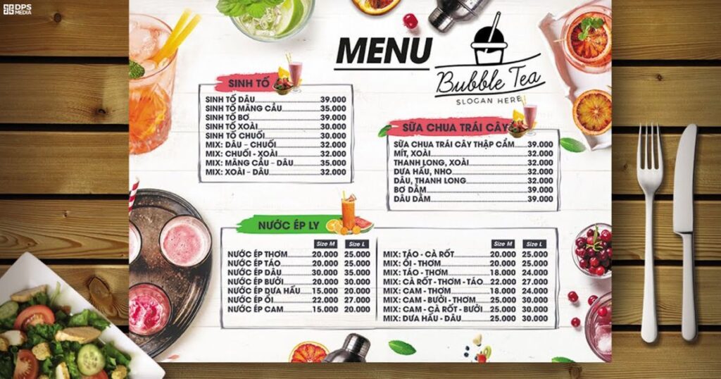 Menu nên sử dụng các màu sắc ấm áp, tươi sáng như đỏ, cam, vàng để kích thích vị giác