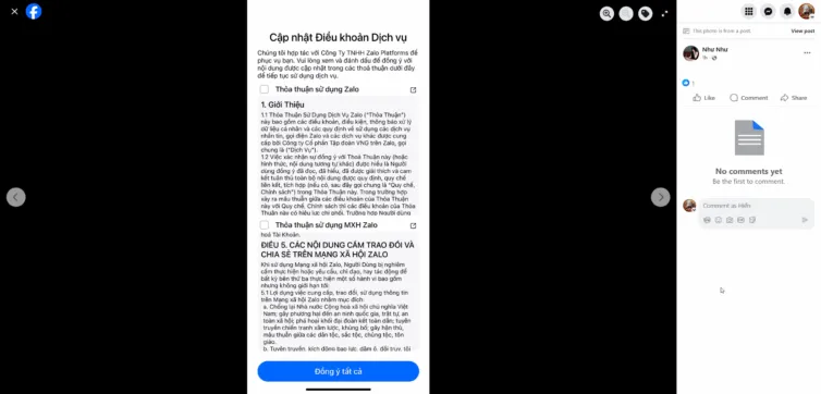 更新 Zalo 使用条款 - 重要变更