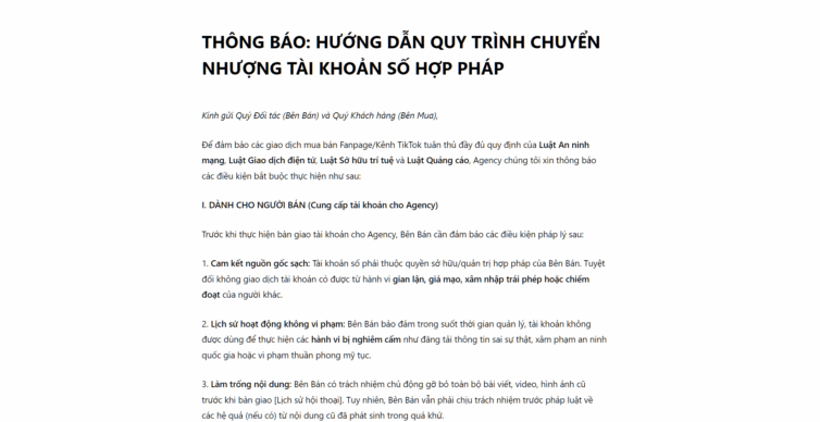THÔNG BÁO: HƯỚNG DẪN QUY TRÌNH CHUYỂN NHƯỢNG TÀI KHOẢN SỐ HỢP PHÁP