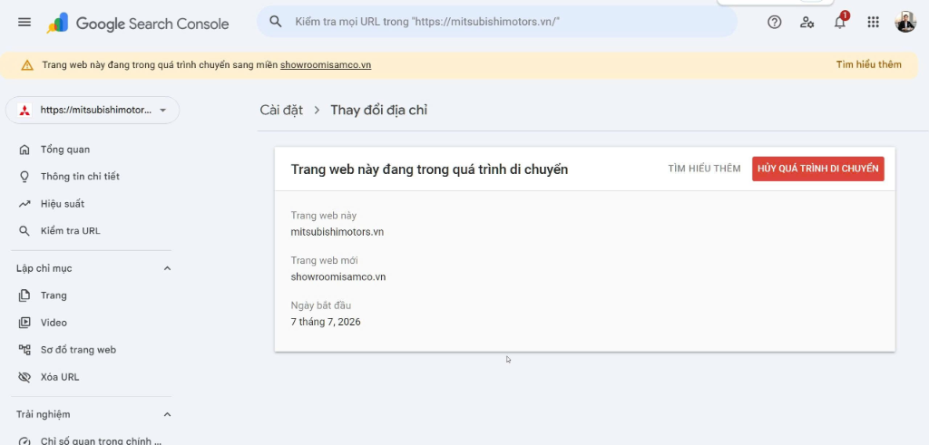 Hướng Dẫn Thay Đổi Tên Miền Không Mất Thứ Hạng Seo Chi Tiết Nhất Thông báo đang trong quá trình di chuyển tên miền trong Google Search Console