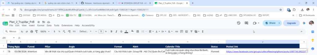 Đăng Bài Tự Động Group Facebook: Quy Trình Xây Dựng Hệ Thống Bằng Ai & N8N Bảng kế hoạch đăng bài tự động group Facebook trên Google Sheets