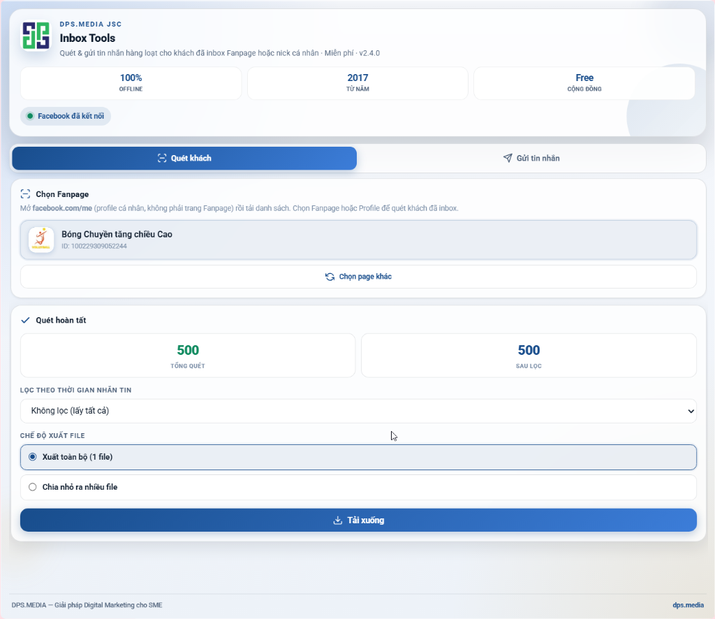Gửi Tin Nhắn Hàng Loạt Trên Facebook: 5 Tính Năng Của Dps Inbox Năm 2026 Giao diện xuất file và phân chia tệp khách hàng