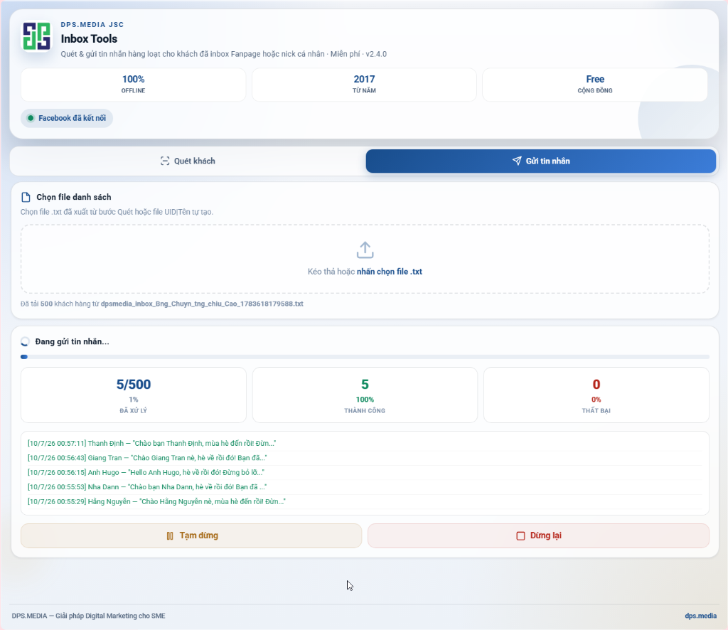Gửi Tin Nhắn Hàng Loạt Trên Facebook: 5 Tính Năng Của Dps Inbox Năm 2026 Tiến trình gửi tin nhắn Messenger hàng loạt tự động