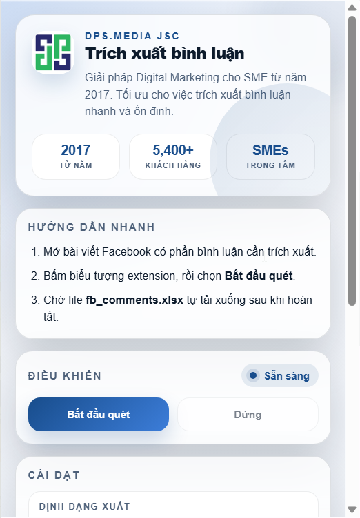 Scan Facebook Comments: 3 Steps to Automatically Extract Comments in 2026 Bảng điều khiển tối giản của extension với nút bắt đầu quét