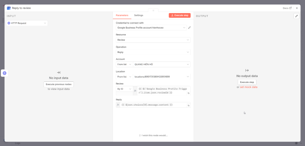 Configure the Reply to Review node on n8n