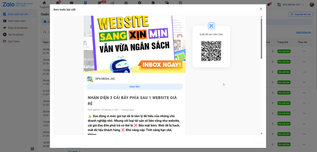 Preview of a successfully published post on Zalo OA