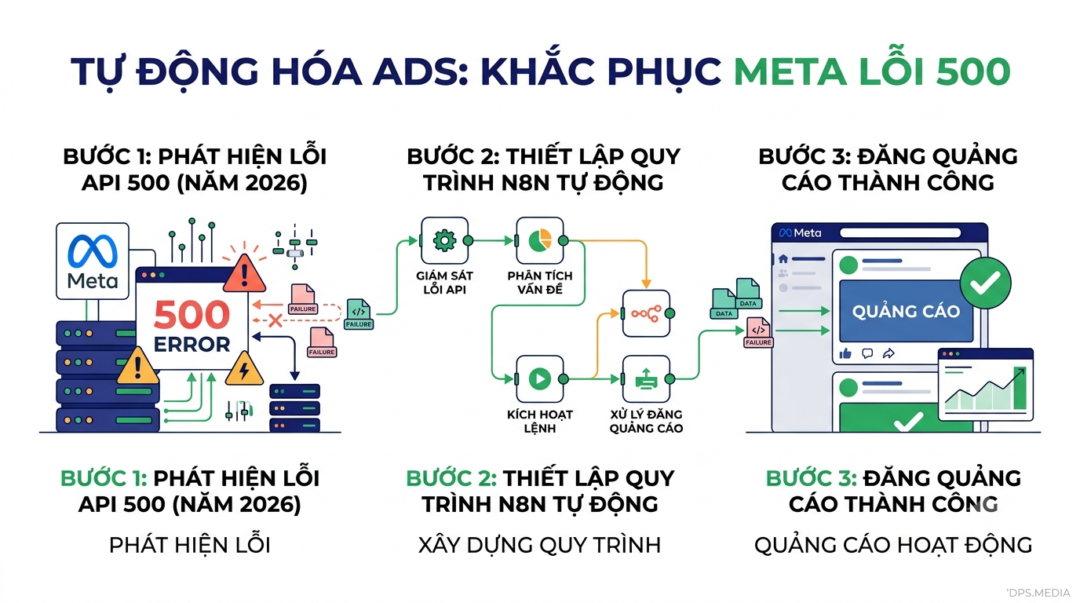 Tự động hóa đăng quảng cáo Facebook n8n: 3 bước khắc phục triệt để lỗi 500 Meta Graph API năm 2026