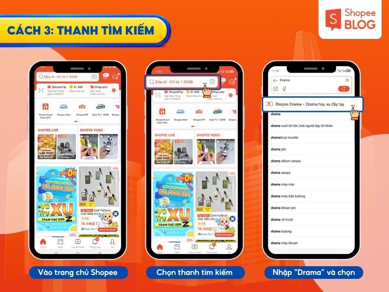 Tìm kiếm Shopee Drama trên thanh search của app