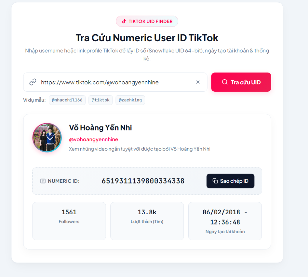 lấy UID TikTok - Giao diện tra cứu Numeric User ID và ngày tạo kênh